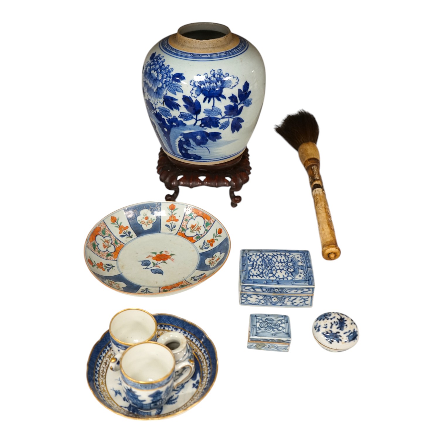 An 18th century Chinese export Imari pattern dish together with other Chinese blue and white ceramics, a hardwood stand and a bone calligraphy brush. Condition - varies